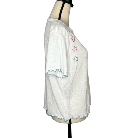 Emerson Road White Star Print Short Sleeve Shirt Women's Size Large L - Picture 2 of 7